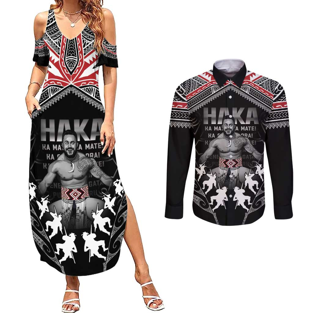 New Zealand Aotearoa Couples Matching Summer Maxi Dress and Long Sleeve Button Shirt Traditional Kapa Haka LT05 Black - Polynesian Pride