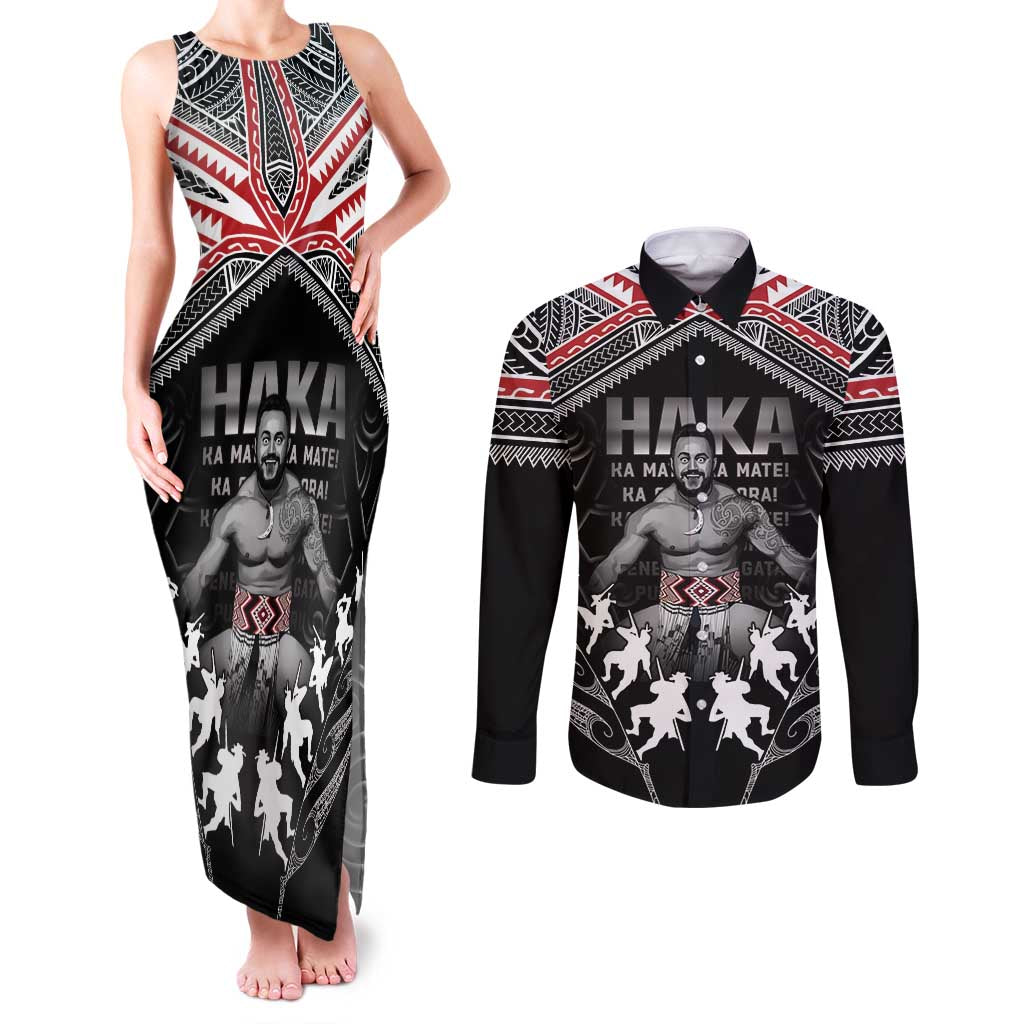 New Zealand Aotearoa Couples Matching Tank Maxi Dress and Long Sleeve Button Shirt Traditional Kapa Haka LT05 Black - Polynesian Pride