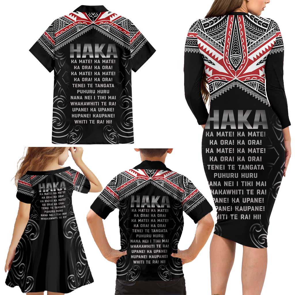 New Zealand Aotearoa Family Matching Long Sleeve Bodycon Dress and Hawaiian Shirt Traditional Kapa Haka LT05 - Polynesian Pride