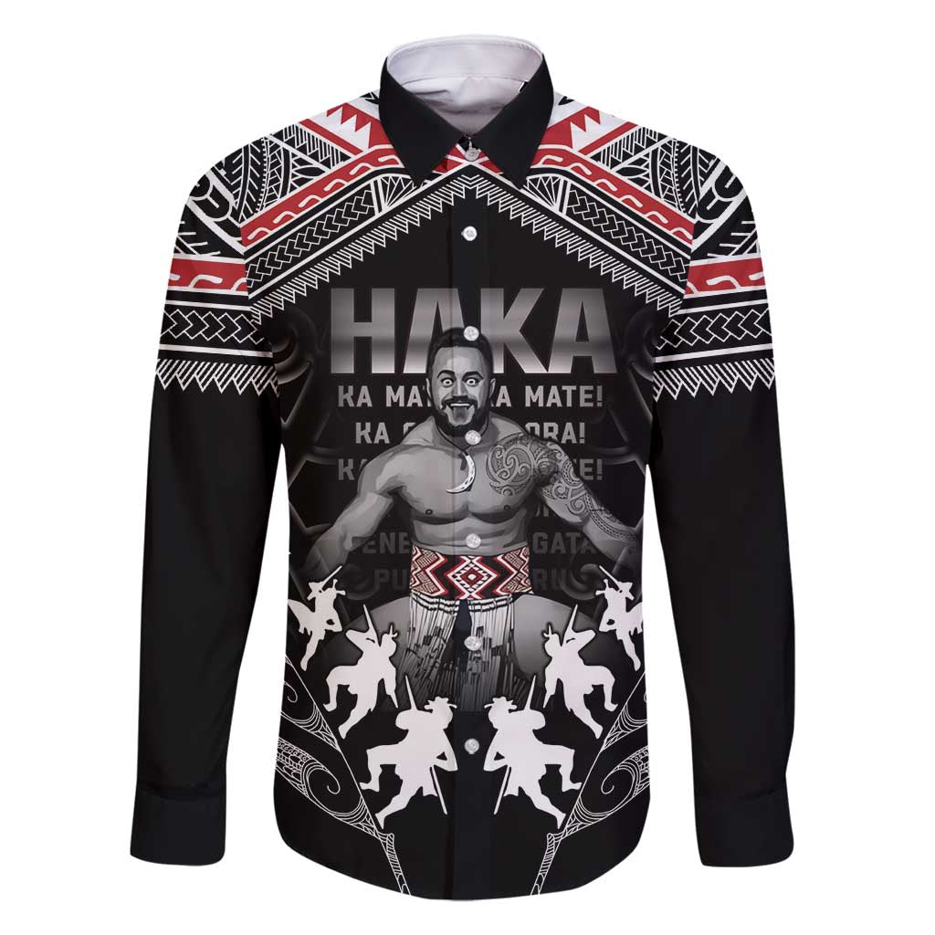 New Zealand Aotearoa Family Matching Off Shoulder Maxi Dress and Hawaiian Shirt Traditional Kapa Haka LT05 Dad's Shirt - Long Sleeve Black - Polynesian Pride