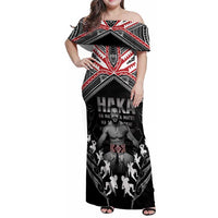 New Zealand Aotearoa Family Matching Off Shoulder Maxi Dress and Hawaiian Shirt Traditional Kapa Haka LT05 Mom's Dress Black - Polynesian Pride