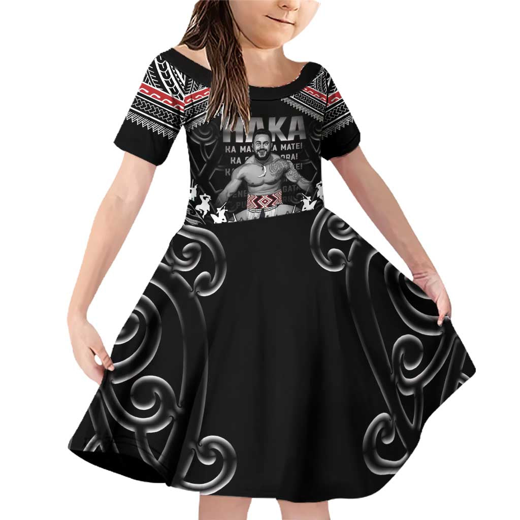 New Zealand Aotearoa Family Matching Off Shoulder Short Dress and Hawaiian Shirt Traditional Kapa Haka LT05 Daughter's Dress Black - Polynesian Pride