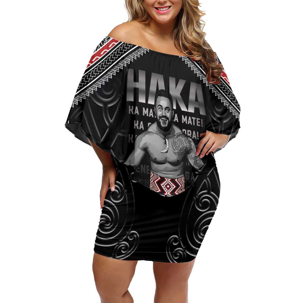 New Zealand Aotearoa Family Matching Off Shoulder Short Dress and Hawaiian Shirt Traditional Kapa Haka LT05 Mom's Dress Black - Polynesian Pride