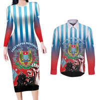 Personalised Free West Papua Couples Matching Long Sleeve Bodycon Dress and Long Sleeve Button Shirt One People One Soul Unique Style LT05 Blue - Polynesian Pride