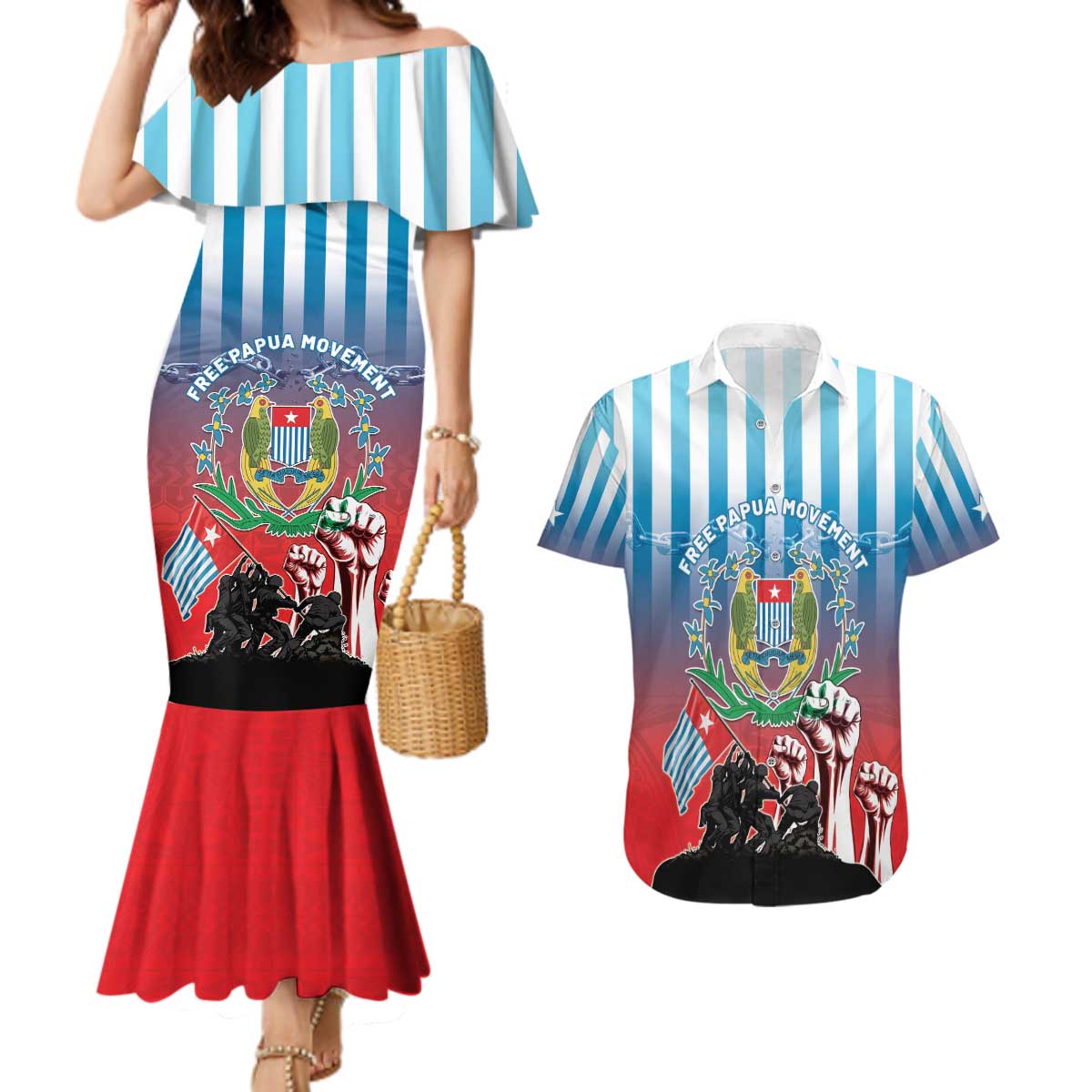 Personalised Free West Papua Couples Matching Mermaid Dress and Hawaiian Shirt One People One Soul Unique Style - Polynesian Pride