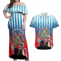 Personalised Free West Papua Couples Matching Off Shoulder Maxi Dress and Hawaiian Shirt One People One Soul Unique Style LT05 Blue - Polynesian Pride