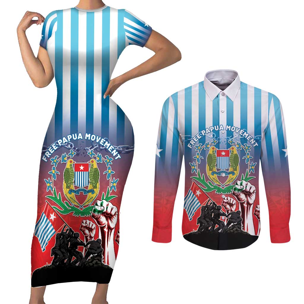 Personalised Free West Papua Couples Matching Short Sleeve Bodycon Dress and Long Sleeve Button Shirt One People One Soul Unique Style LT05 Blue - Polynesian Pride