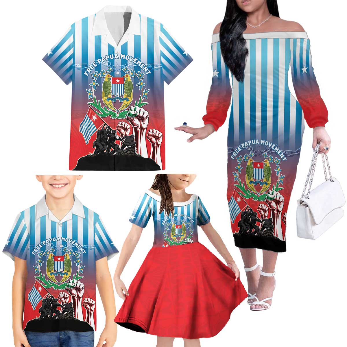 Personalised Free West Papua Family Matching Off The Shoulder Long Sleeve Dress and Hawaiian Shirt One People One Soul Unique Style LT05 - Polynesian Pride