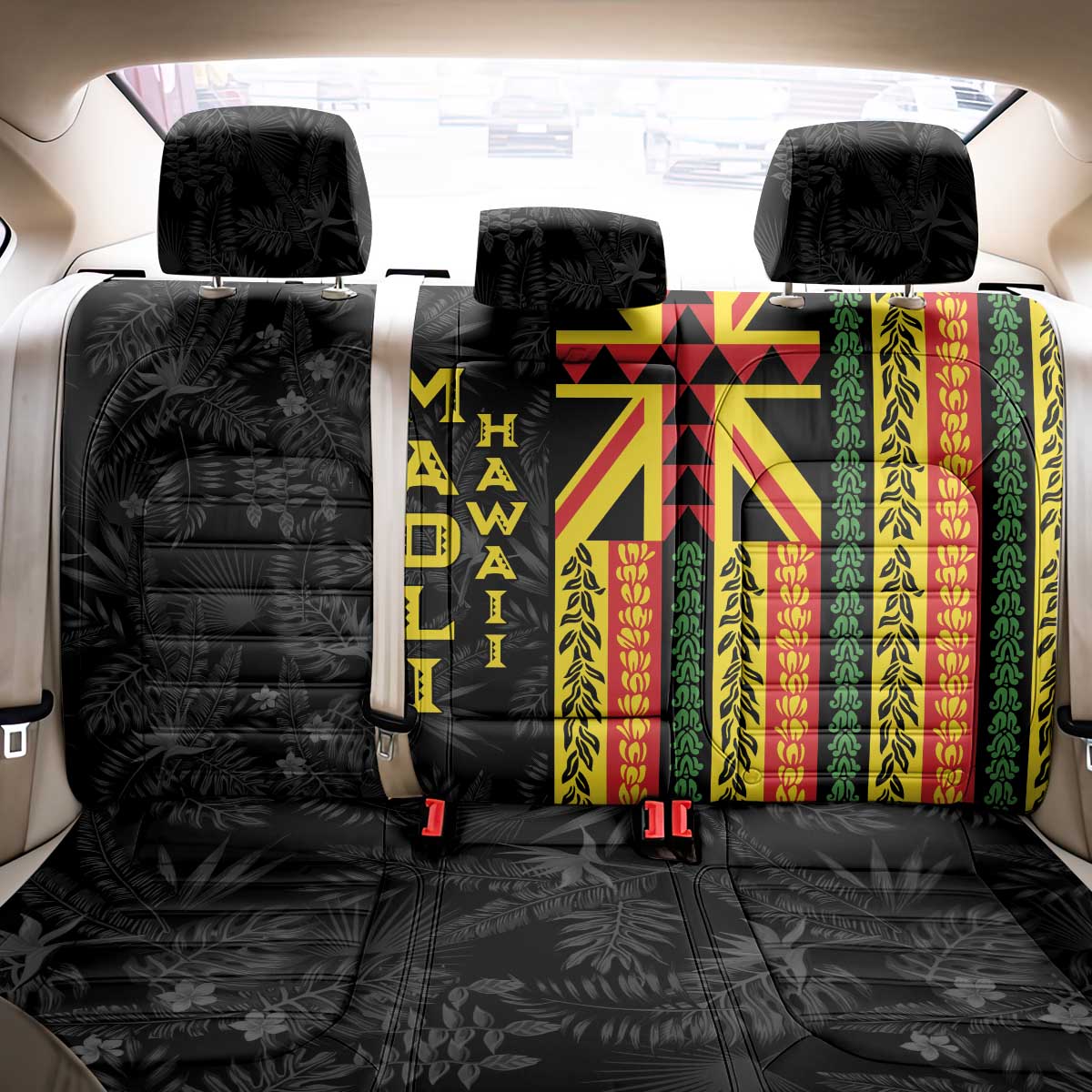 Hawaii Maoli Spirit Back Car Seat Cover Kakau Pattern With Flower Lei - Polynesian Pride