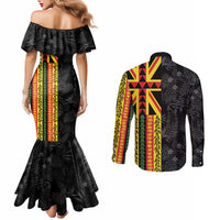 Hawaii Maoli Spirit Couples Matching Mermaid Dress and Long Sleeve Button Shirt Kakau Pattern With Flower Lei LT05 - Polynesian Pride
