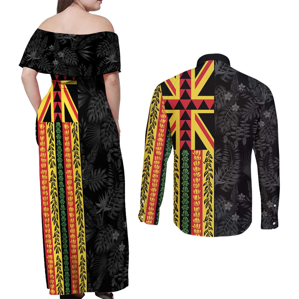 Hawaii Maoli Spirit Couples Matching Off Shoulder Maxi Dress and Long Sleeve Button Shirt Kakau Pattern With Flower Lei LT05 - Polynesian Pride