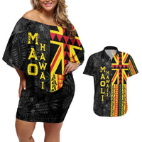 Hawaii Maoli Spirit Couples Matching Off Shoulder Short Dress and Hawaiian Shirt Kakau Pattern With Flower Lei LT05 Black - Polynesian Pride