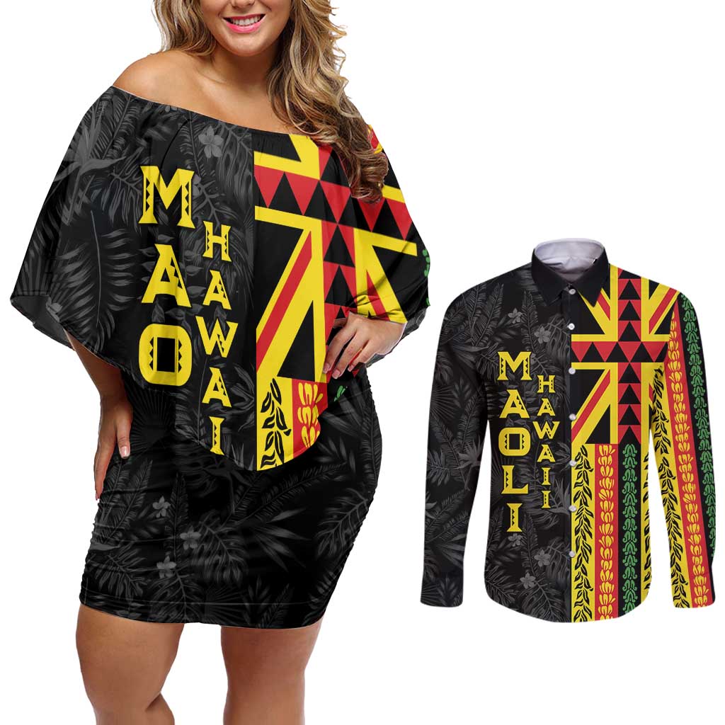 Hawaii Maoli Spirit Couples Matching Off Shoulder Short Dress and Long Sleeve Button Shirt Kakau Pattern With Flower Lei LT05 Black - Polynesian Pride