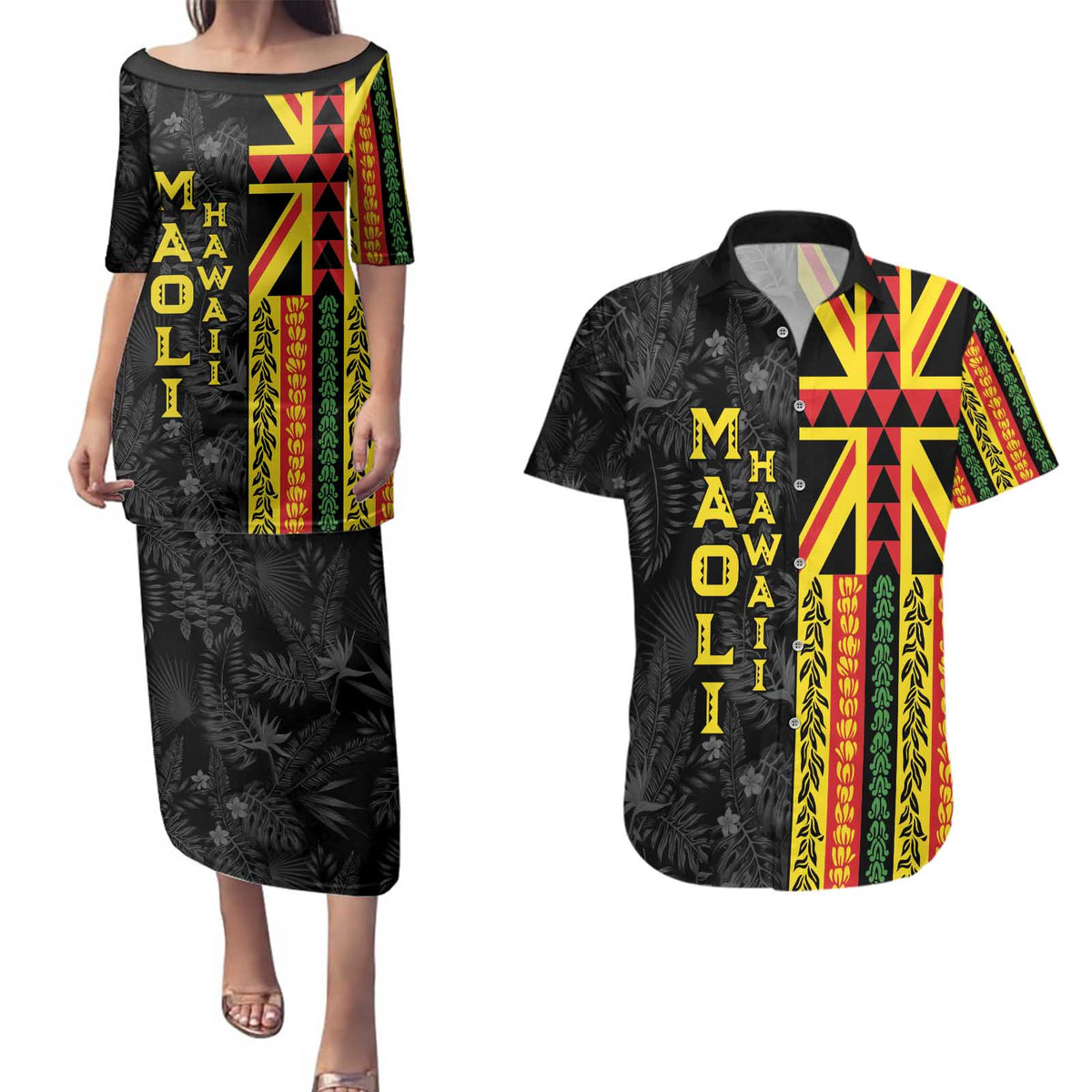 Hawaii Maoli Spirit Couples Matching Puletasi and Hawaiian Shirt Kakau Pattern With Flower Lei LT05 Black - Polynesian Pride