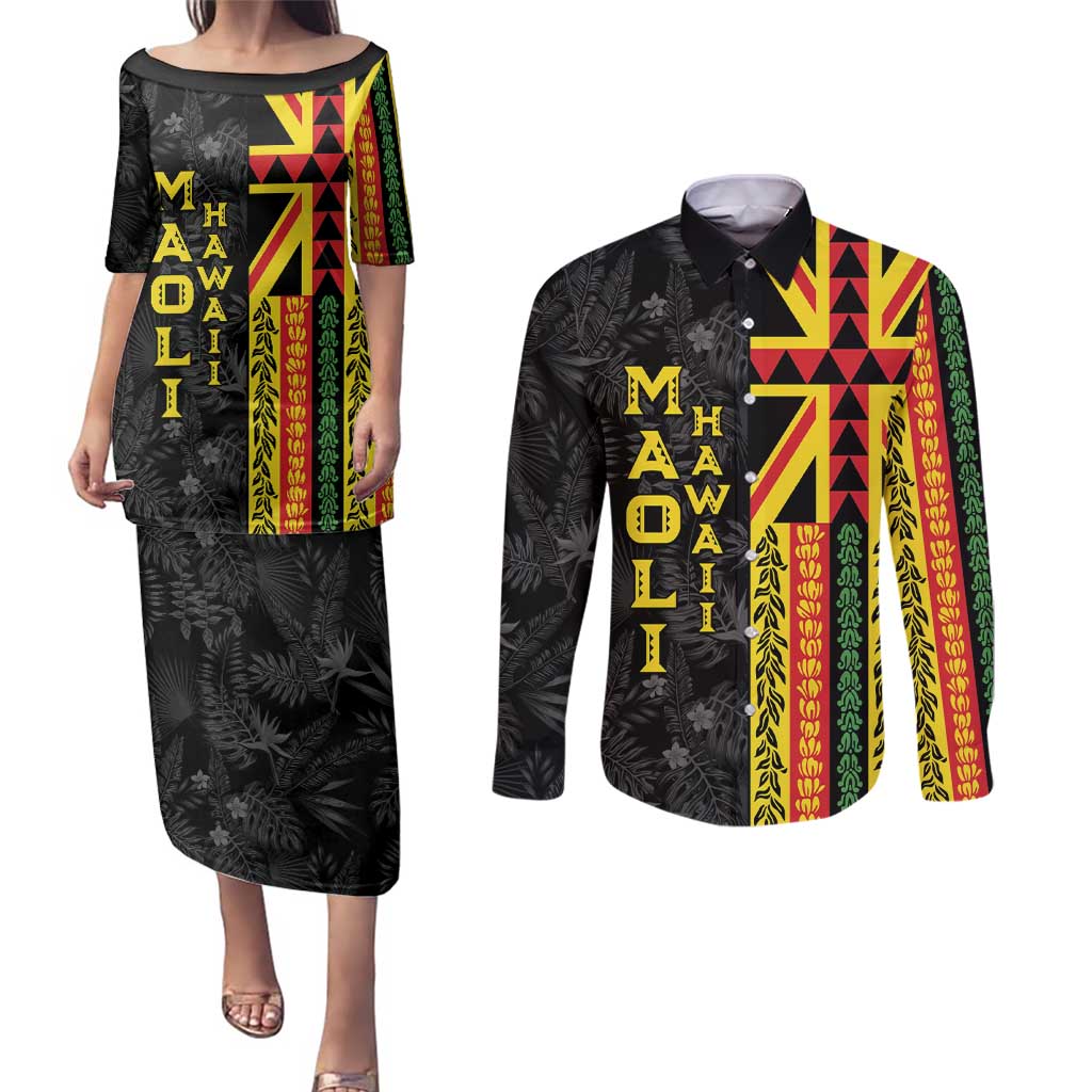Hawaii Maoli Spirit Couples Matching Puletasi and Long Sleeve Button Shirt Kakau Pattern With Flower Lei LT05 Black - Polynesian Pride