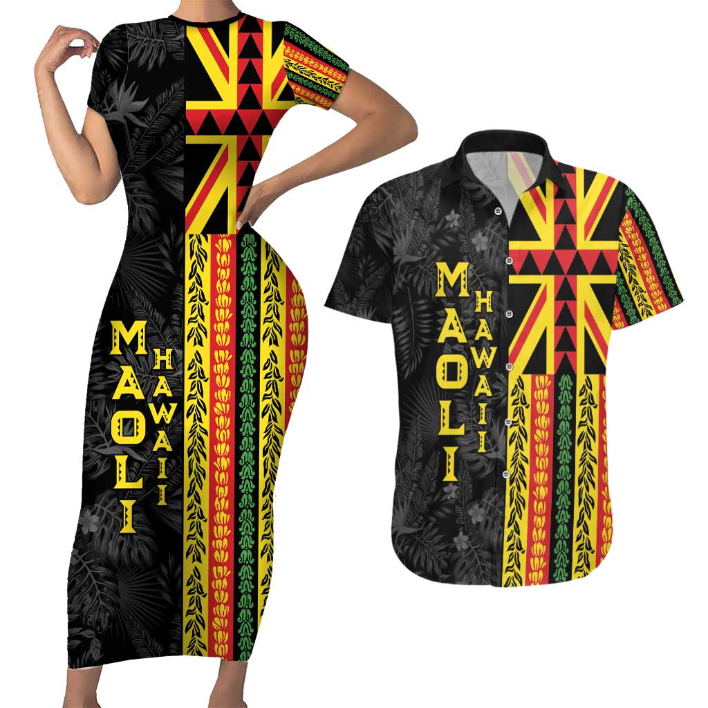 Hawaii Maoli Spirit Couples Matching Short Sleeve Bodycon Dress and Hawaiian Shirt Kakau Pattern With Flower Lei - Polynesian Pride