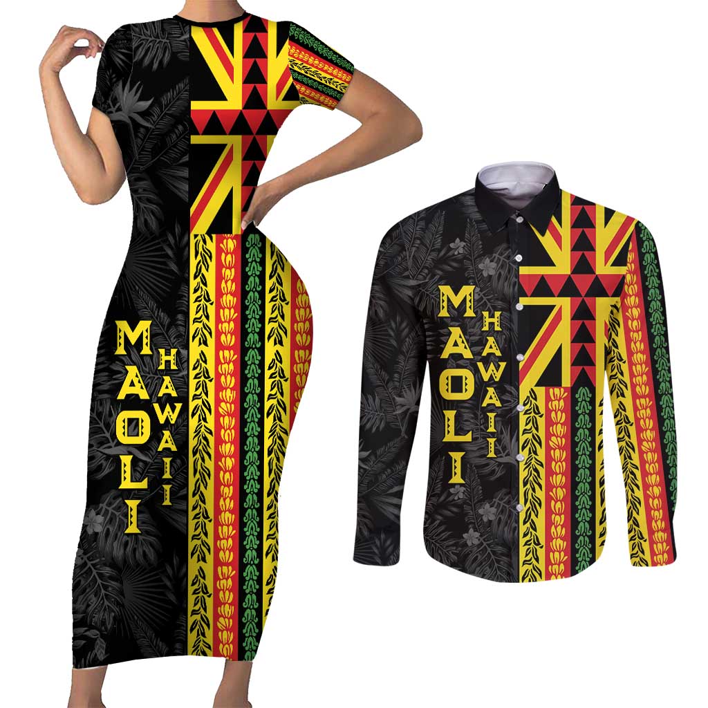 Hawaii Maoli Spirit Couples Matching Short Sleeve Bodycon Dress and Long Sleeve Button Shirt Kakau Pattern With Flower Lei LT05 Black - Polynesian Pride