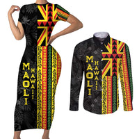 Hawaii Maoli Spirit Couples Matching Short Sleeve Bodycon Dress and Long Sleeve Button Shirt Kakau Pattern With Flower Lei LT05 Black - Polynesian Pride