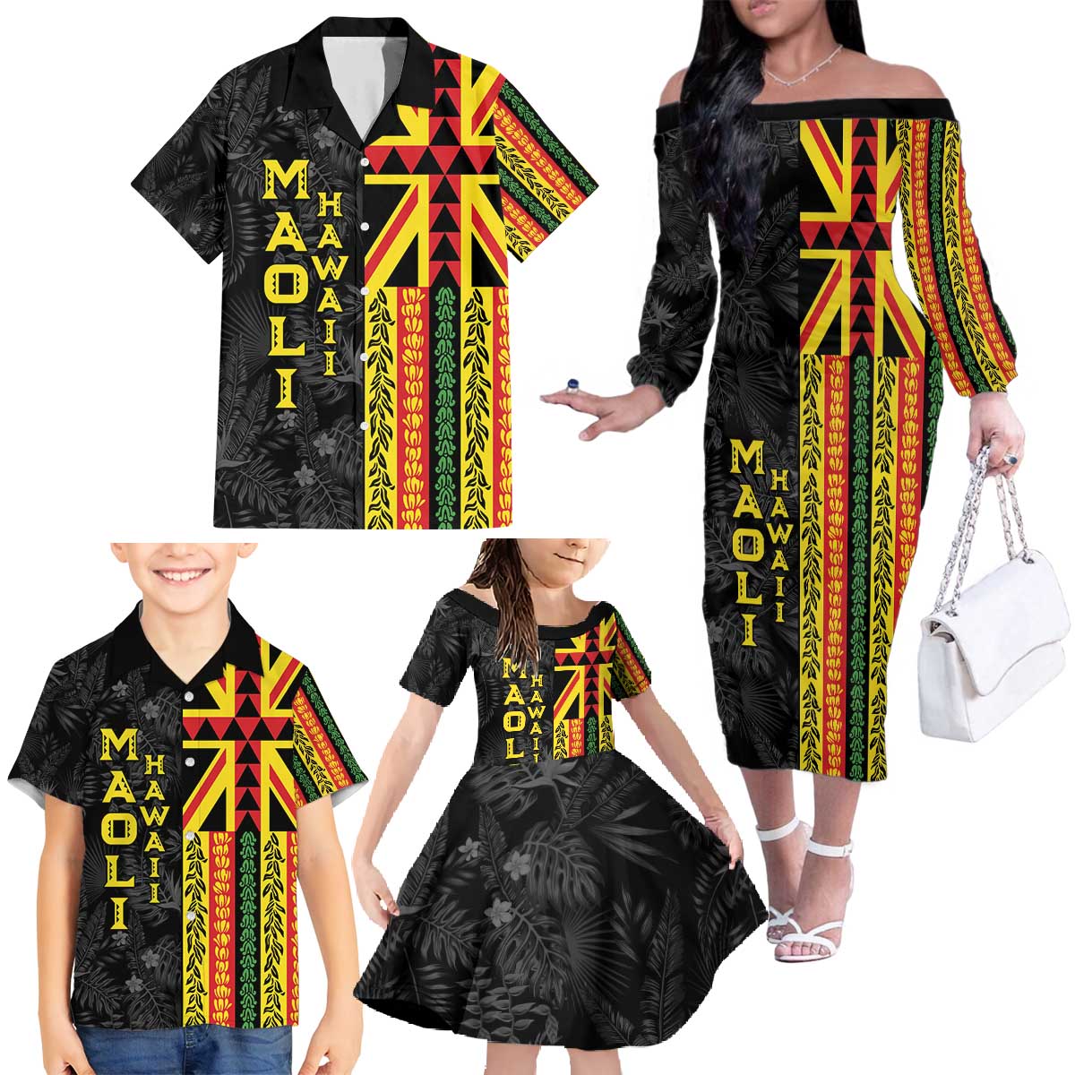 Hawaii Maoli Spirit Family Matching Off The Shoulder Long Sleeve Dress and Hawaiian Shirt Kakau Pattern With Flower Lei LT05 - Polynesian Pride