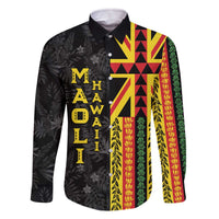 Hawaii Maoli Spirit Family Matching Off The Shoulder Long Sleeve Dress and Hawaiian Shirt Kakau Pattern With Flower Lei LT05 Dad's Shirt - Long Sleeve Black - Polynesian Pride