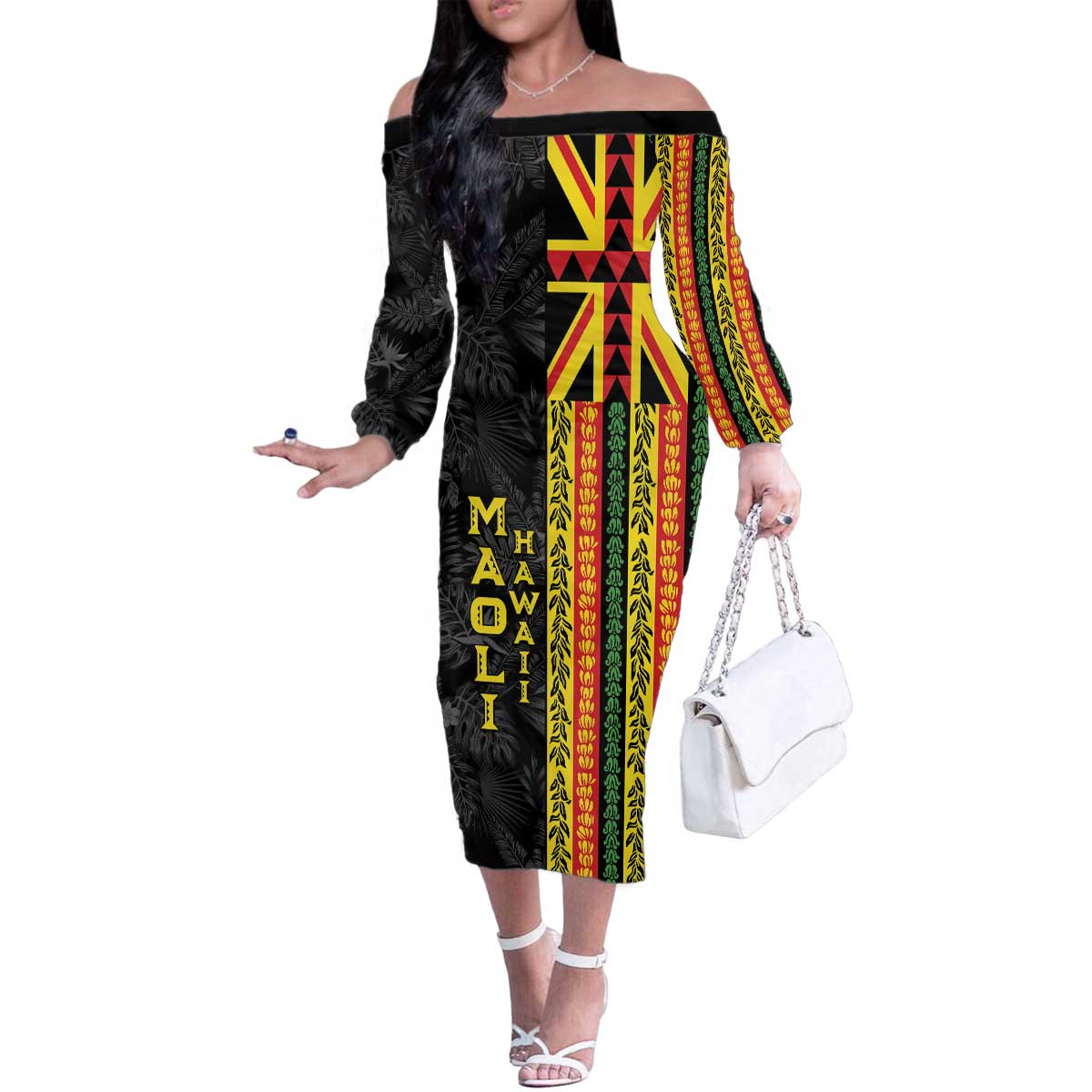 Hawaii Maoli Spirit Family Matching Off The Shoulder Long Sleeve Dress and Hawaiian Shirt Kakau Pattern With Flower Lei LT05 Mom's Dress Black - Polynesian Pride