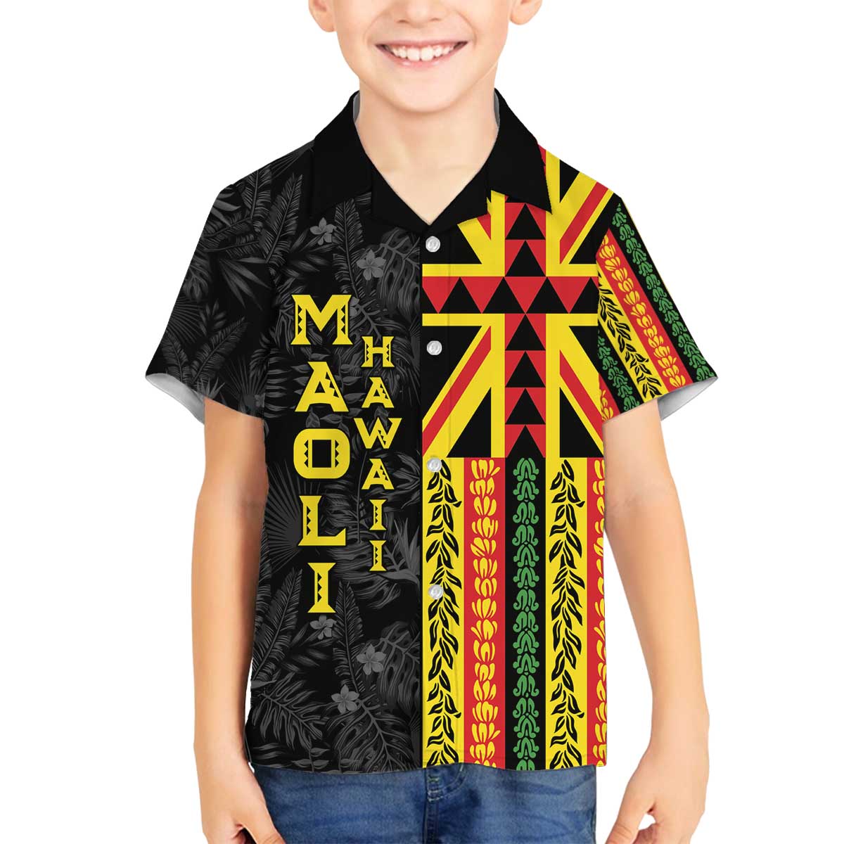 Hawaii Maoli Spirit Family Matching Off The Shoulder Long Sleeve Dress and Hawaiian Shirt Kakau Pattern With Flower Lei LT05 Son's Shirt Black - Polynesian Pride