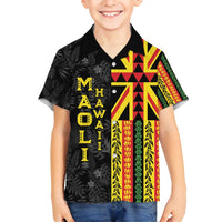 Hawaii Maoli Spirit Family Matching Off Shoulder Maxi Dress and Hawaiian Shirt Kakau Pattern With Flower Lei LT05 Son's Shirt Black - Polynesian Pride