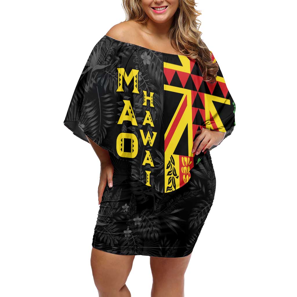 Hawaii Maoli Spirit Family Matching Off Shoulder Short Dress and Hawaiian Shirt Kakau Pattern With Flower Lei LT05 Mom's Dress Black - Polynesian Pride