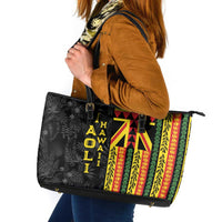Hawaii Maoli Spirit Leather Tote Bag Kakau Pattern With Flower Lei LT05 Black - Polynesian Pride