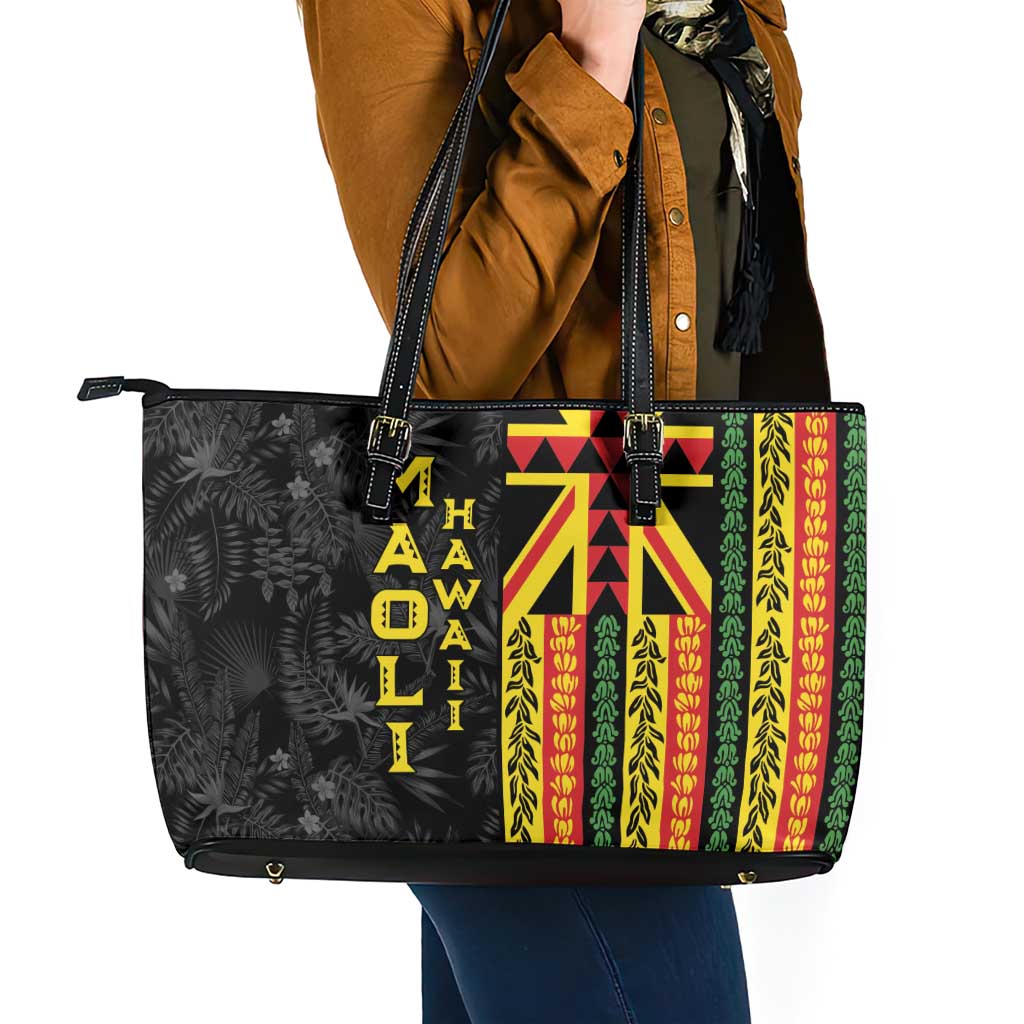 Hawaii Maoli Spirit Leather Tote Bag Kakau Pattern With Flower Lei LT05 - Polynesian Pride