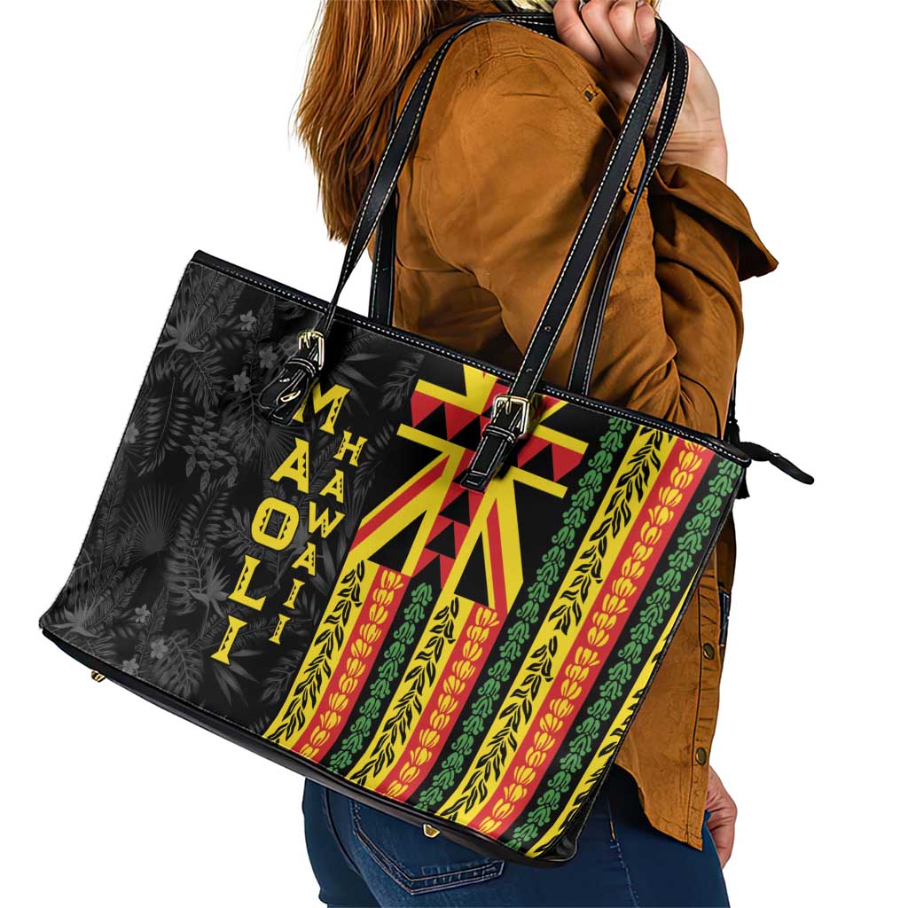 Hawaii Maoli Spirit Leather Tote Bag Kakau Pattern With Flower Lei LT05 - Polynesian Pride