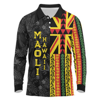 Hawaii Maoli Spirit Long Sleeve Polo Shirt Kakau Pattern With Flower Lei LT05 Black - Polynesian Pride
