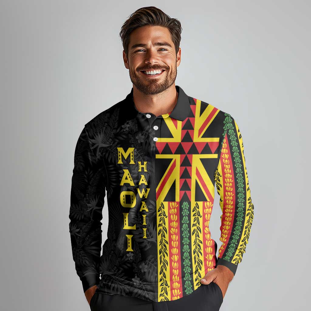 Hawaii Maoli Spirit Long Sleeve Polo Shirt Kakau Pattern With Flower Lei LT05 - Polynesian Pride