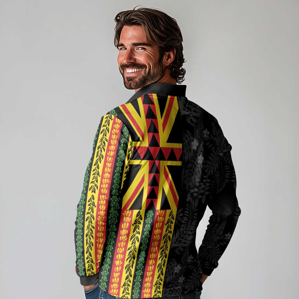 Hawaii Maoli Spirit Long Sleeve Polo Shirt Kakau Pattern With Flower Lei LT05 - Polynesian Pride