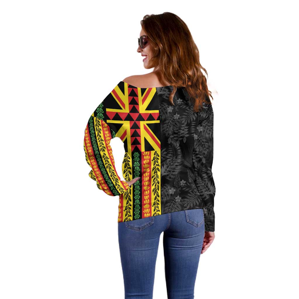 Hawaii Maoli Spirit Off Shoulder Sweater Kakau Pattern With Flower Lei - Polynesian Pride