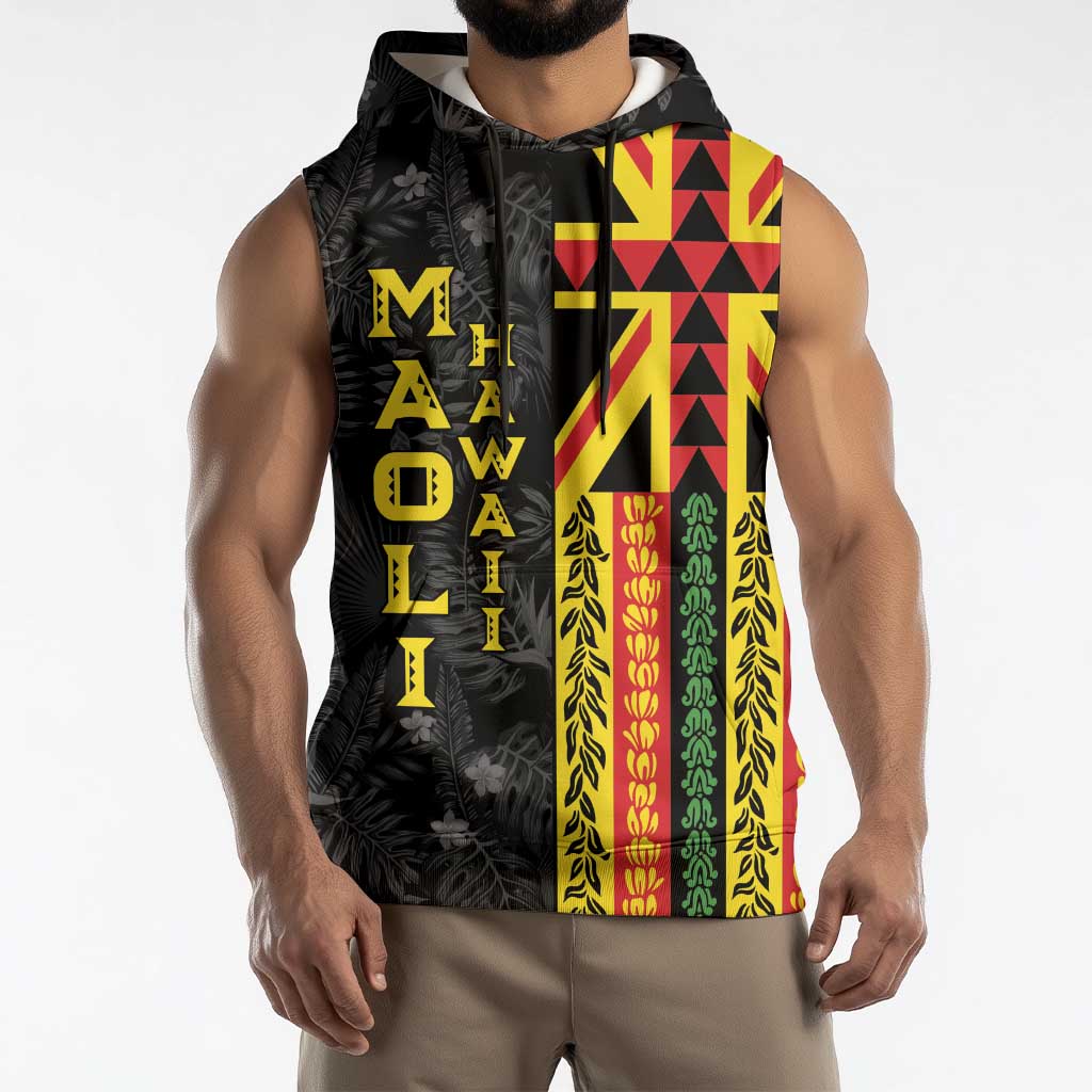 Hawaii Maoli Spirit Sleeveless Hoodie Kakau Pattern With Flower Lei - Polynesian Pride