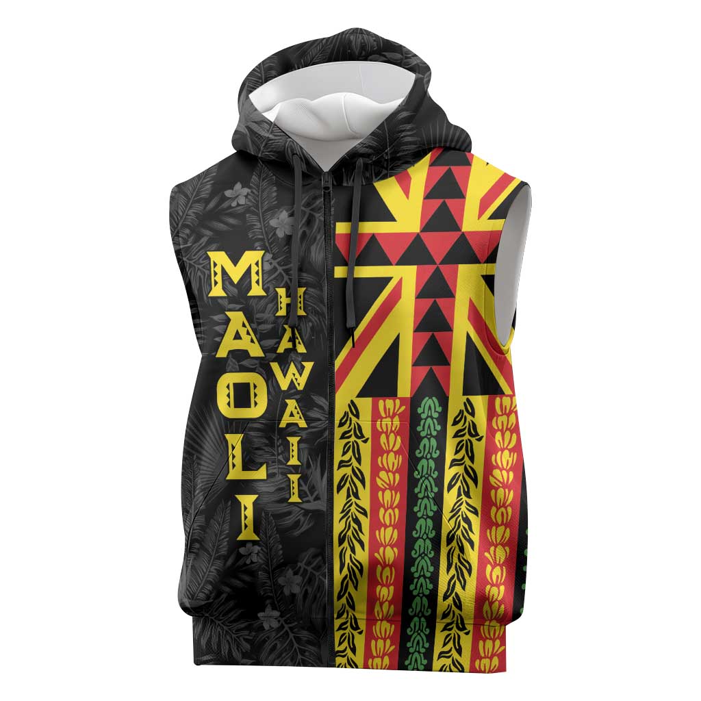 Hawaii Maoli Spirit Sleeveless Zip Hoodie Kakau Pattern With Flower Lei - Polynesian Pride