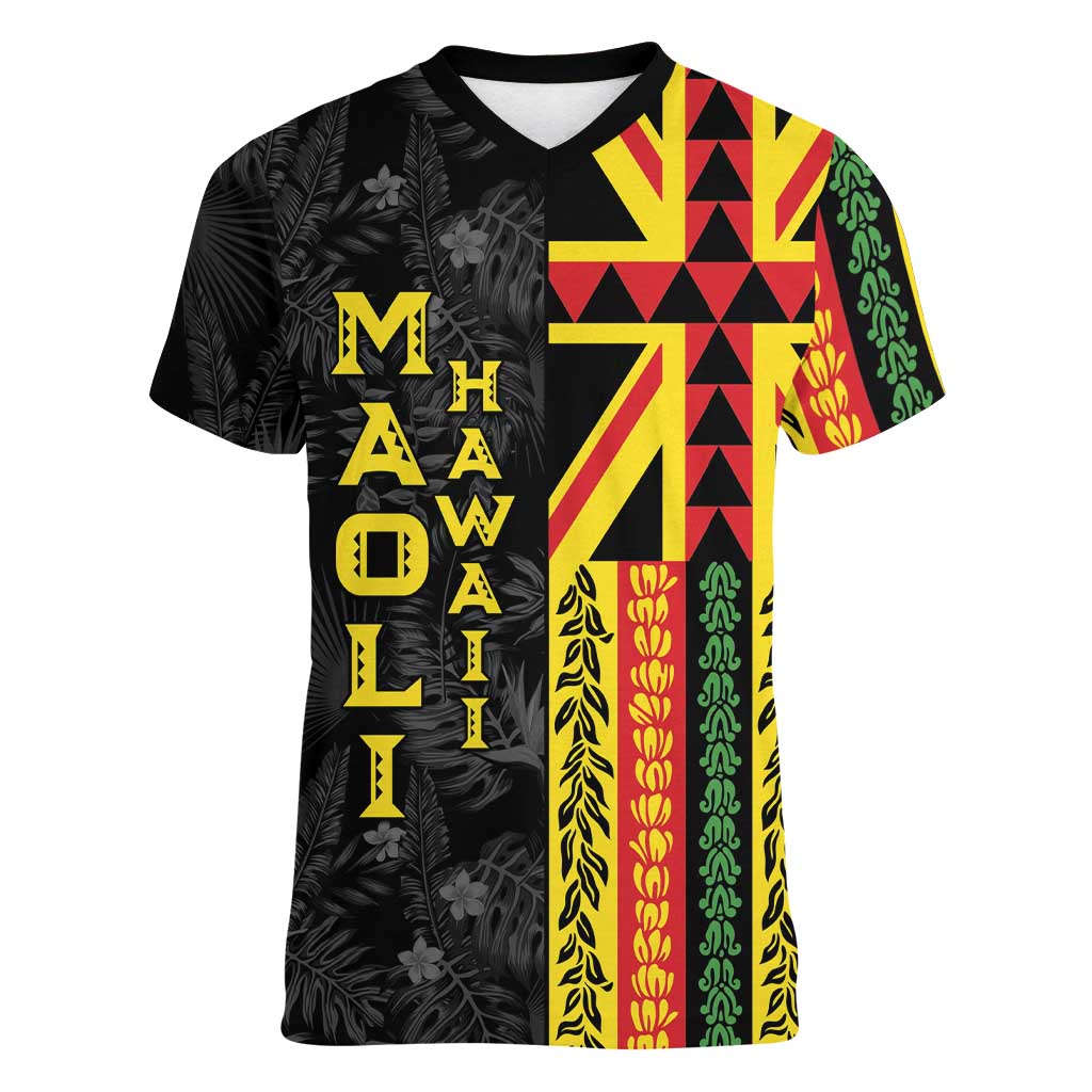 Hawaii Maoli Spirit Women V-Neck T-Shirt Kakau Pattern With Flower Lei LT05 Female Black - Polynesian Pride