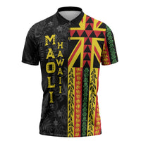 Hawaii Maoli Spirit Zipper Polo Shirt Kakau Pattern With Flower Lei LT05 Black - Polynesian Pride