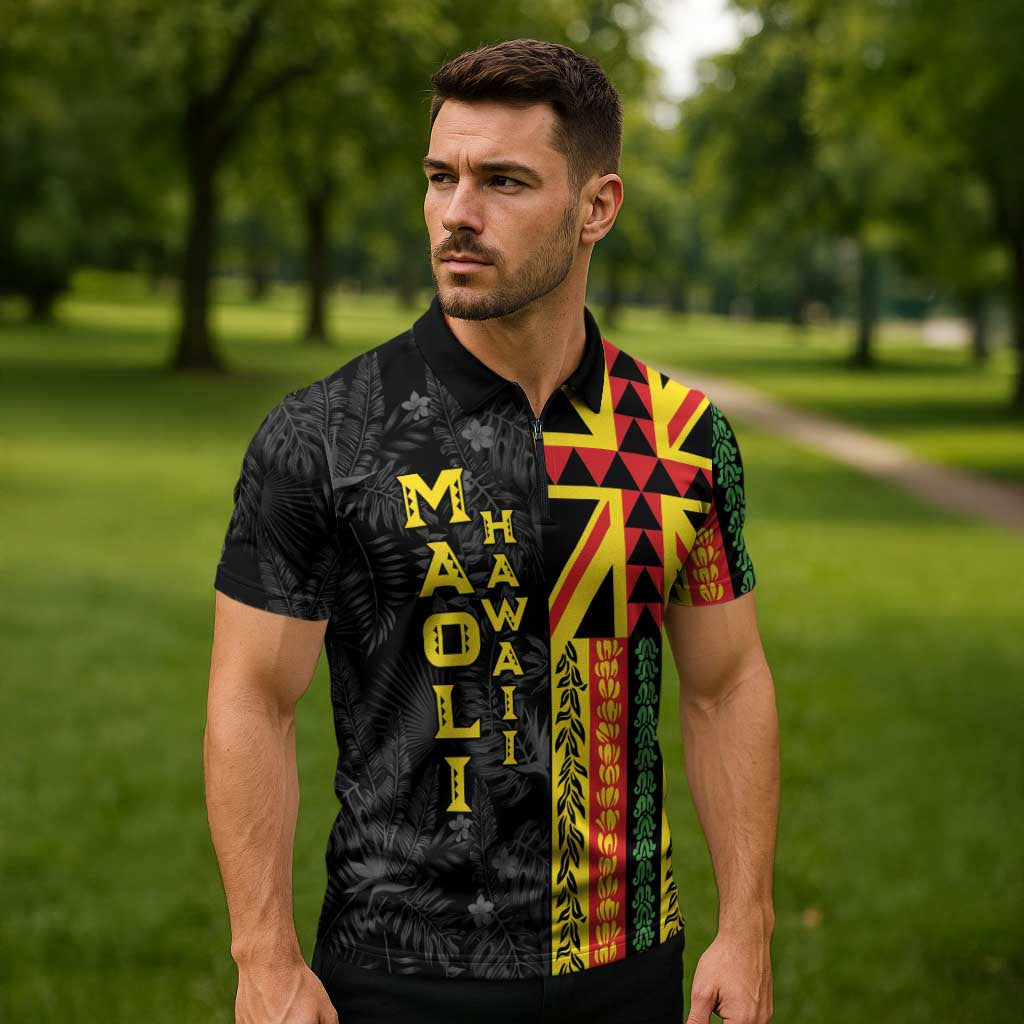 Hawaii Maoli Spirit Zipper Polo Shirt Kakau Pattern With Flower Lei LT05 - Polynesian Pride