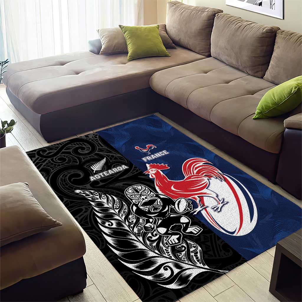 France And New Zealand Rugby Area Rug Les Bleus Rooster With Maori Tiki LT05 - Polynesian Pride