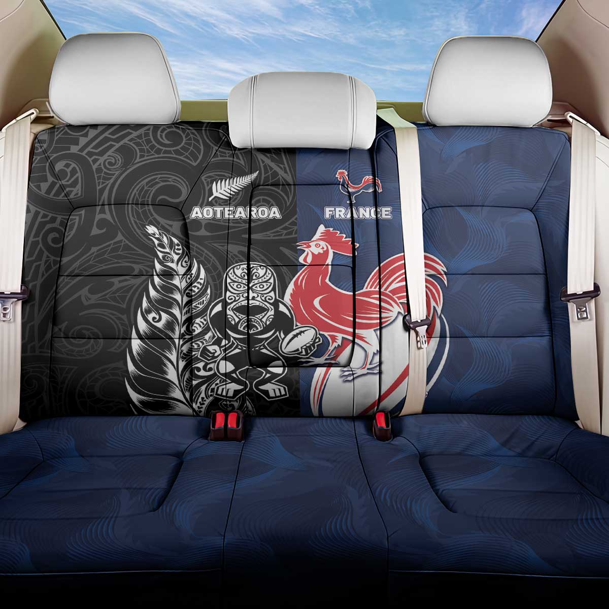 France And New Zealand Rugby Back Car Seat Cover Les Bleus Rooster With Maori Tiki LT05 One Size Black - Polynesian Pride