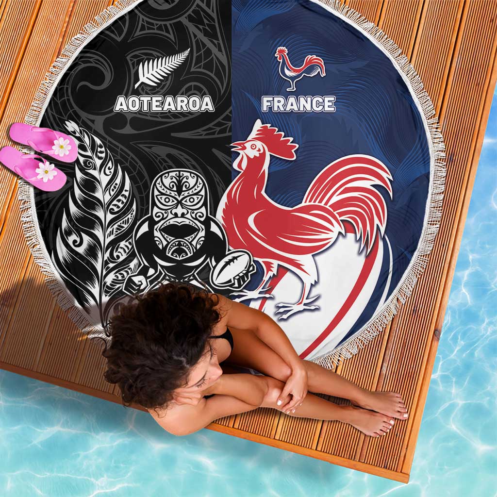 France And New Zealand Rugby Beach Blanket Les Bleus Rooster With Maori Tiki LT05 - Polynesian Pride