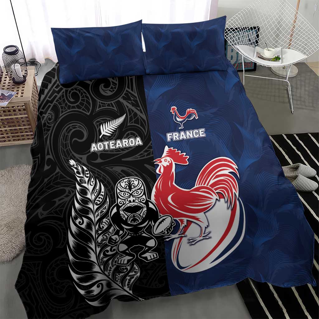France And New Zealand Rugby Bedding Set Les Bleus Rooster With Maori Tiki LT05 - Polynesian Pride