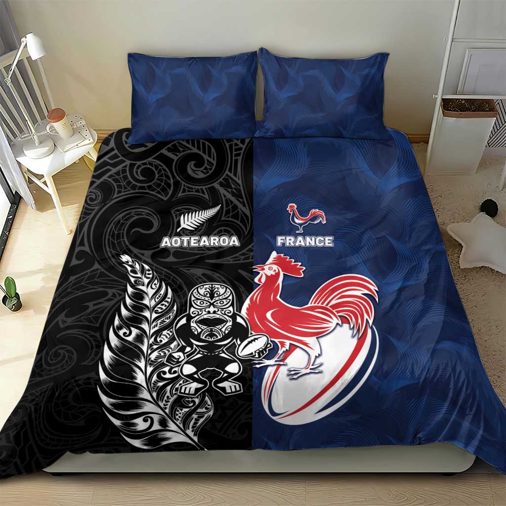France And New Zealand Rugby Bedding Set Les Bleus Rooster With Maori Tiki LT05 - Polynesian Pride