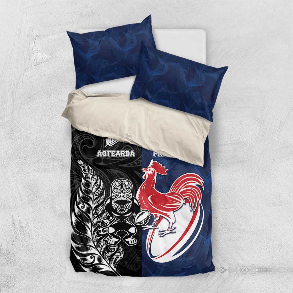 France And New Zealand Rugby Bedding Set Les Bleus Rooster With Maori Tiki LT05 US Twin 172cm x 218cm Black - Polynesian Pride