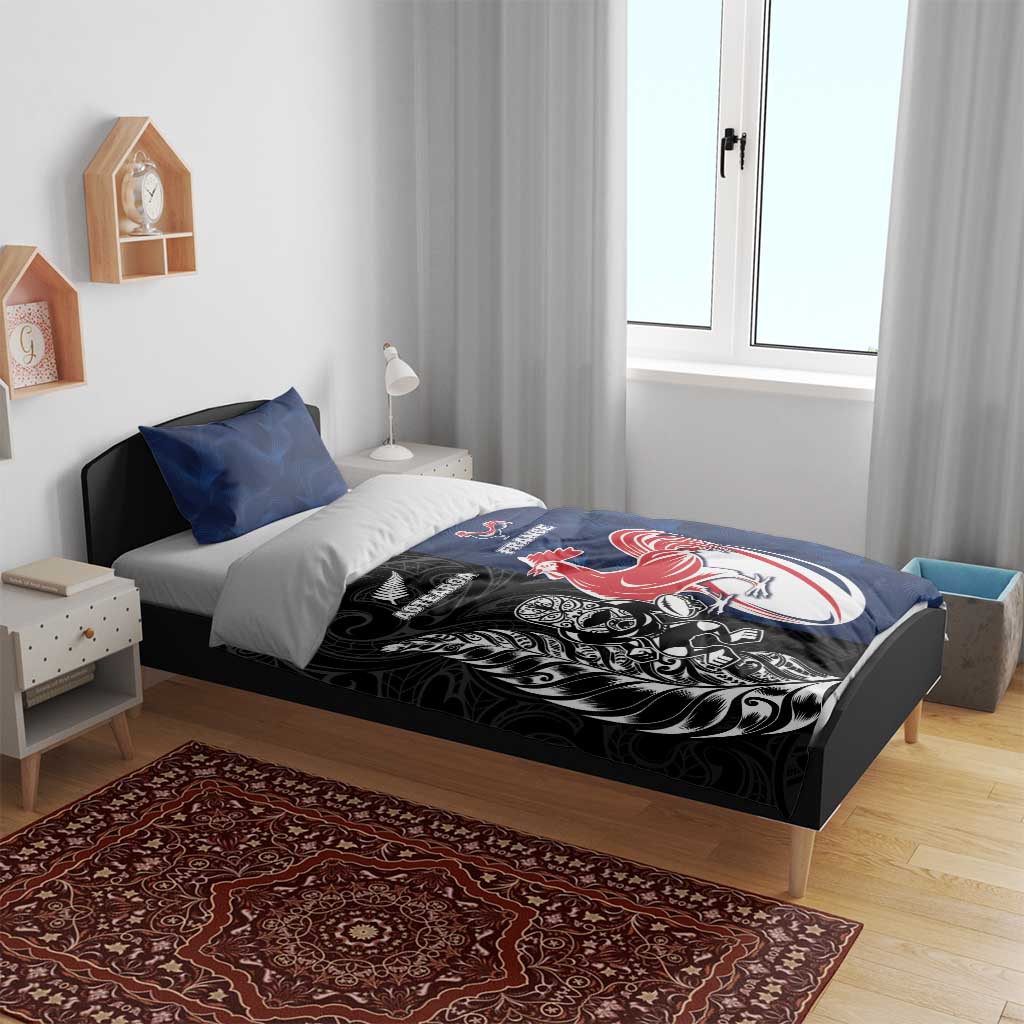 France And New Zealand Rugby Bedding Set Les Bleus Rooster With Maori Tiki LT05 - Polynesian Pride