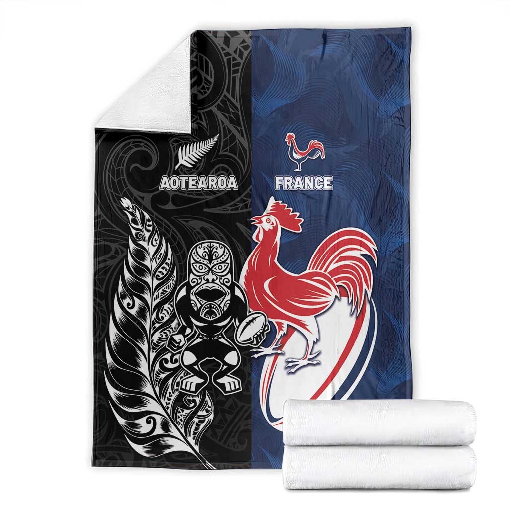 France And New Zealand Rugby Blanket Les Bleus Rooster With Maori Tiki LT05 - Polynesian Pride
