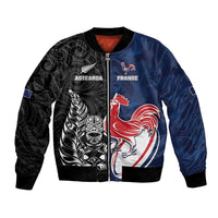 France And New Zealand Rugby Custom Bomber Jacket Les Bleus Rooster With Maori Tiki LT05 Unisex Black - Polynesian Pride