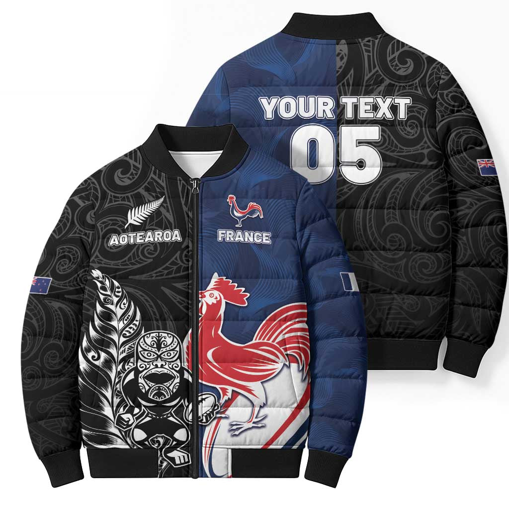 France And New Zealand Rugby Custom Bomber Puffer Jacket Les Bleus Rooster With Maori Tiki LT05 - Polynesian Pride